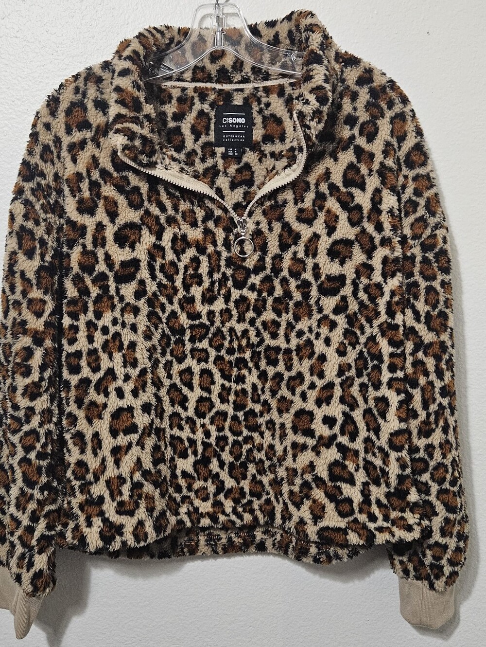 Ci Sono Leopard Sherpa Half-Zip Jacket - Tan & Black